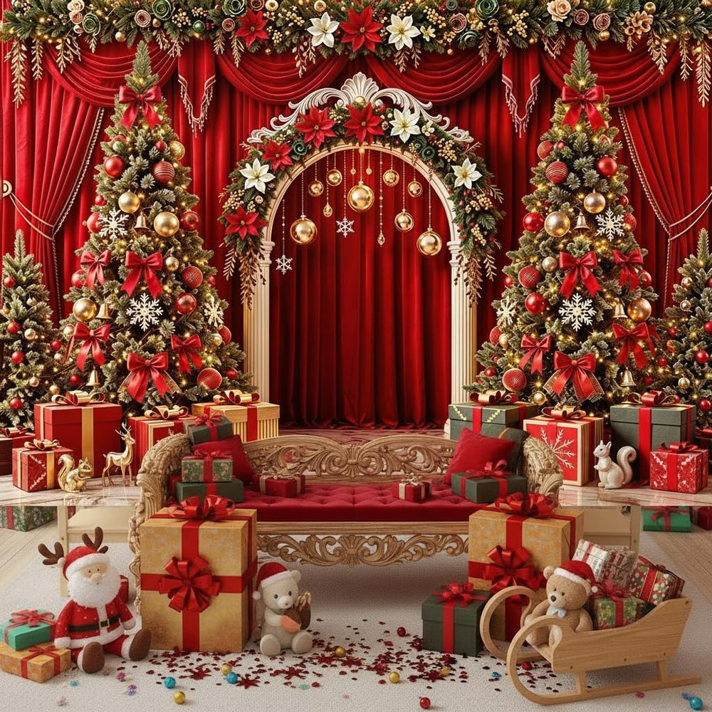 Christmas Backdrop Red Curtain Arch Xmas Tree Photo Background