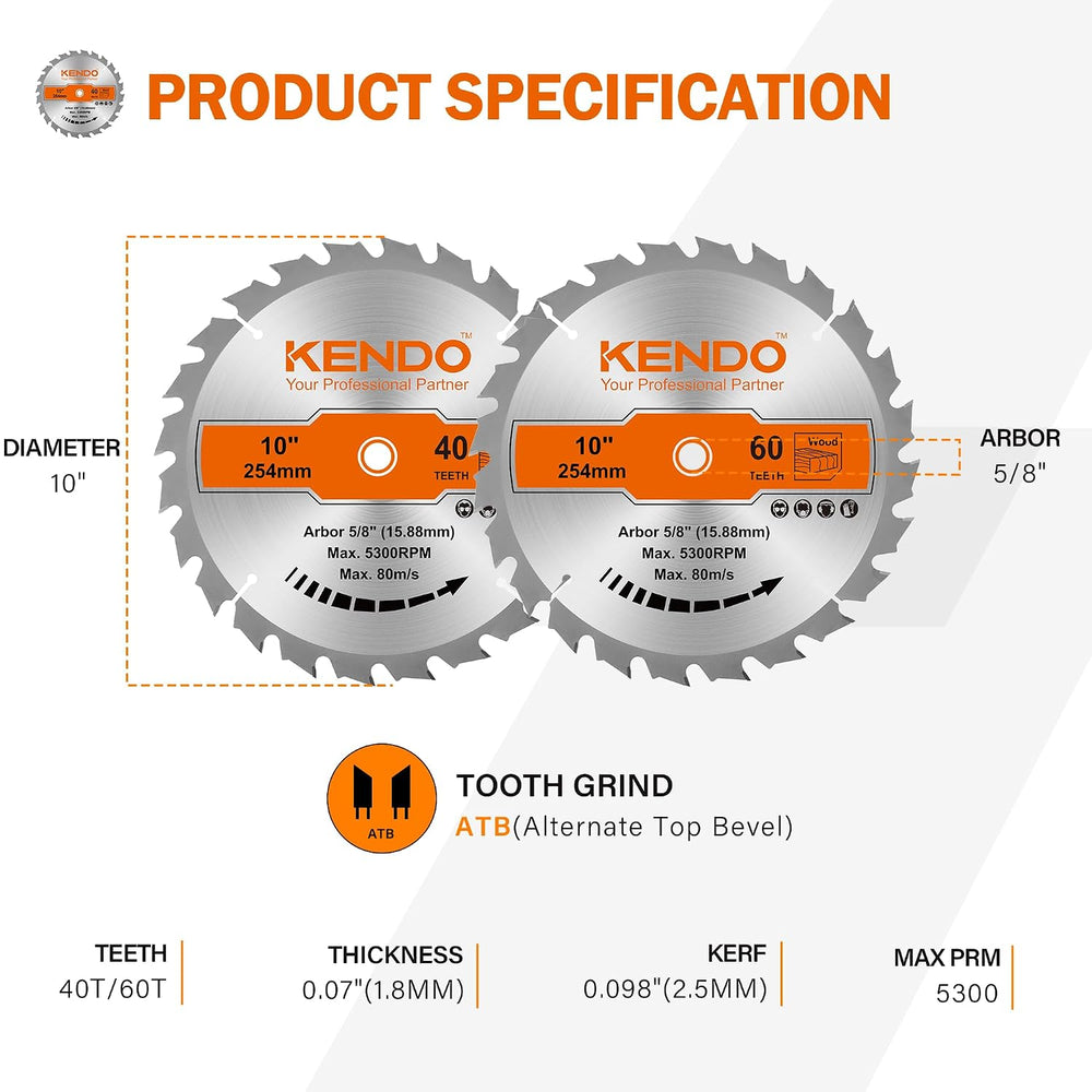 KENDO 10 Inch Circular Saw Blade Set, 2-Pack 40T 60T, 5/8 Arbor