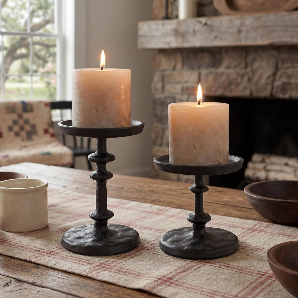Black Cast Iron Pillar Candle Holders Set of 2 Farmhouse Candlesticks