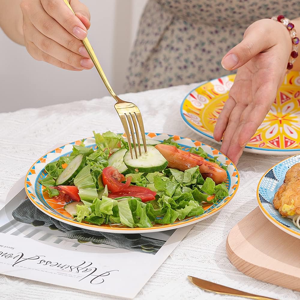 Dessert Plate Set of 6-8 Inch Ceramic Salad and Appetizer Plates - Vibrant Mi...