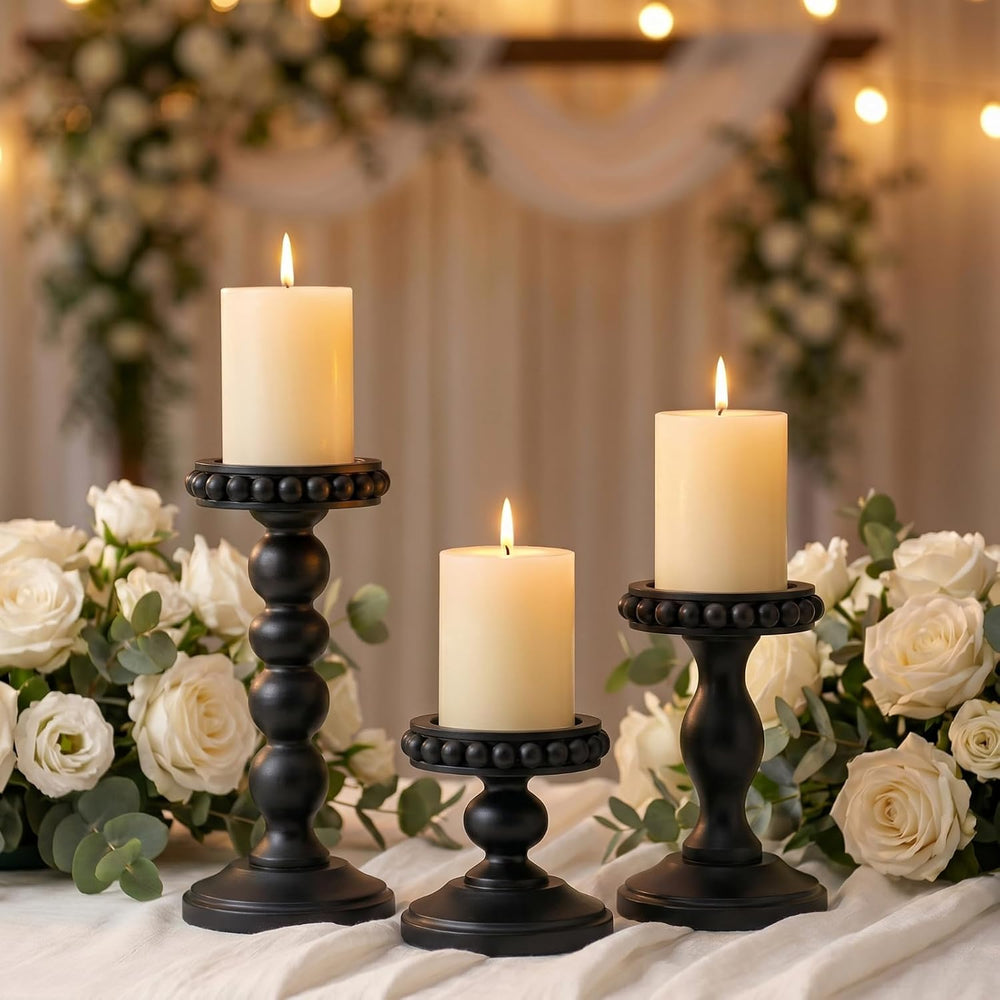Mumufy 3 Set Wooden Candle Holders for Pillar Candles, Black, Small