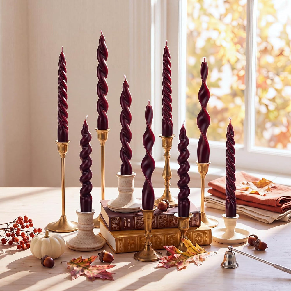 Nuanchu 12 Pcs Burgundy Spiral Taper Candles 7.5" Red Twisted Candlesticks