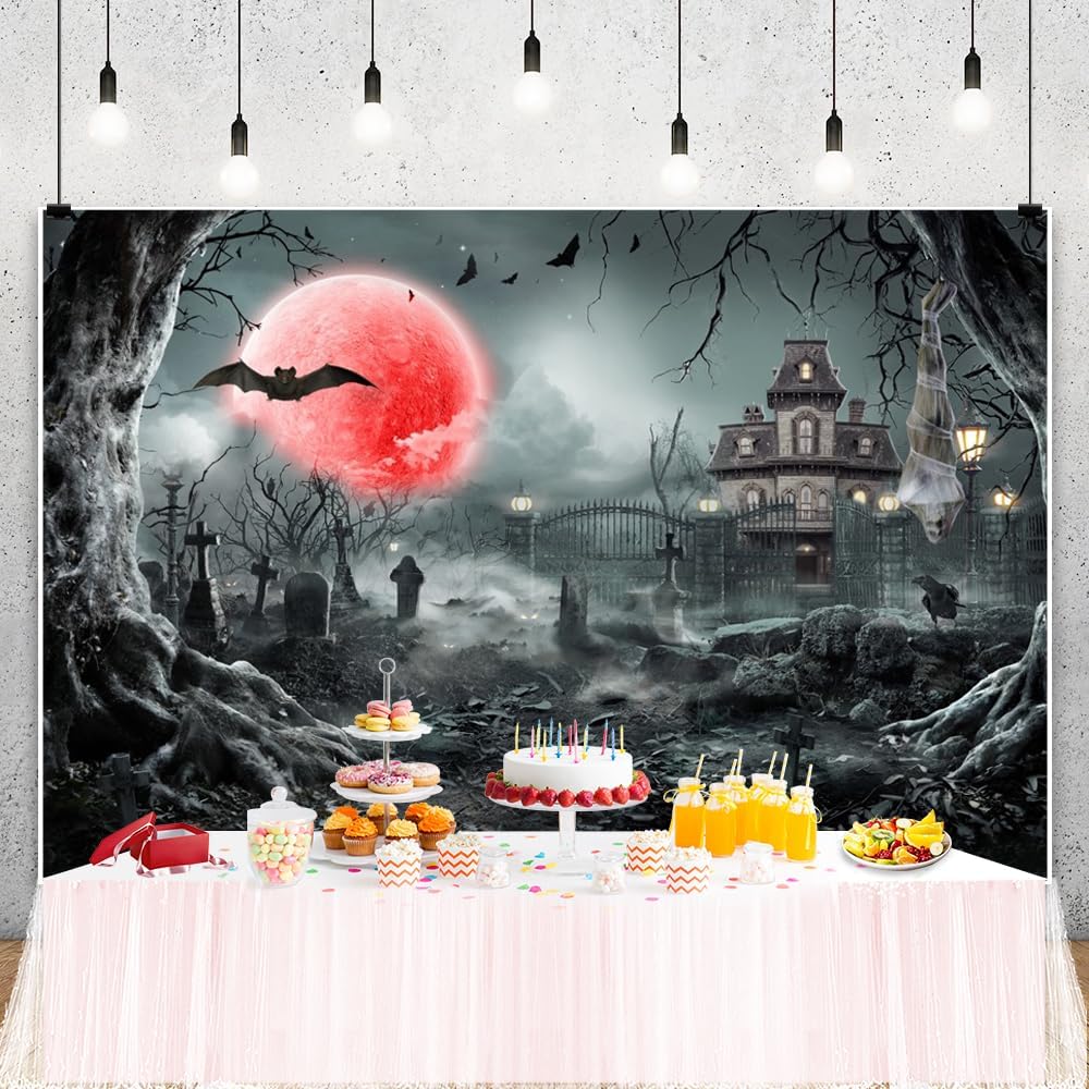 10x8ft Blood Moon Halloween Backdrop Haunted Graveyard Background