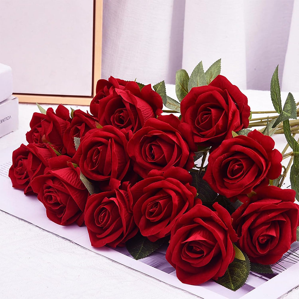 50Pcs Red Roses Artificial Flowers, Real Touch Velvet Fake Roses Bouquet