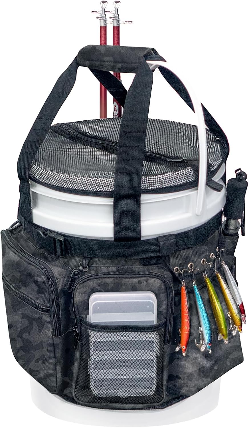 Fishing Bucket Organizer with Bucket Cover Fishing Tackle Bag with Rod & ...