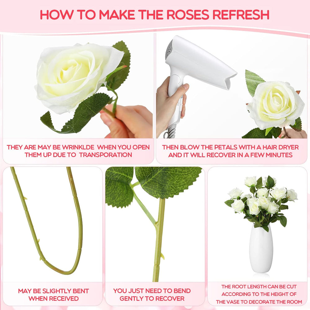 Jexine 50 Pcs Artificial Silk Roses Bulk with Long Stem,White