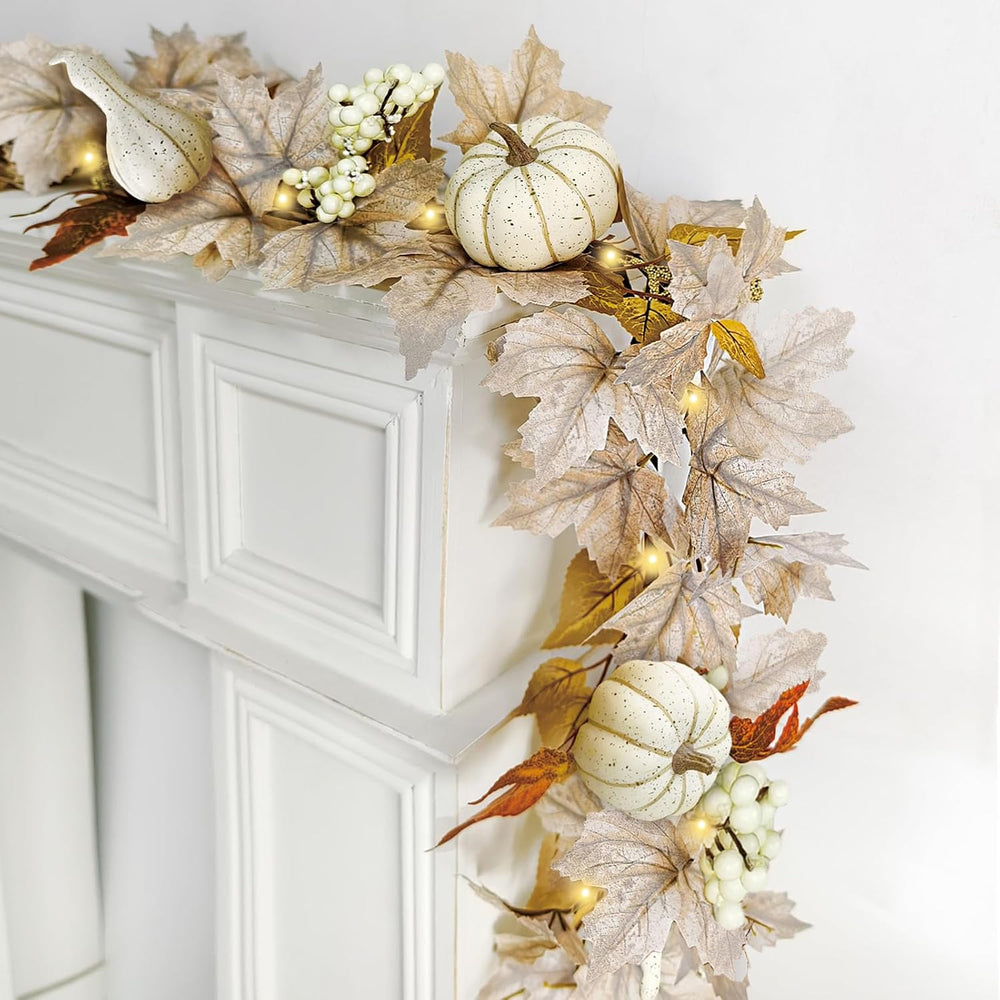6Ft Fall Decorations for Home Fall Garland with Lights Fake Pumpkin Berry