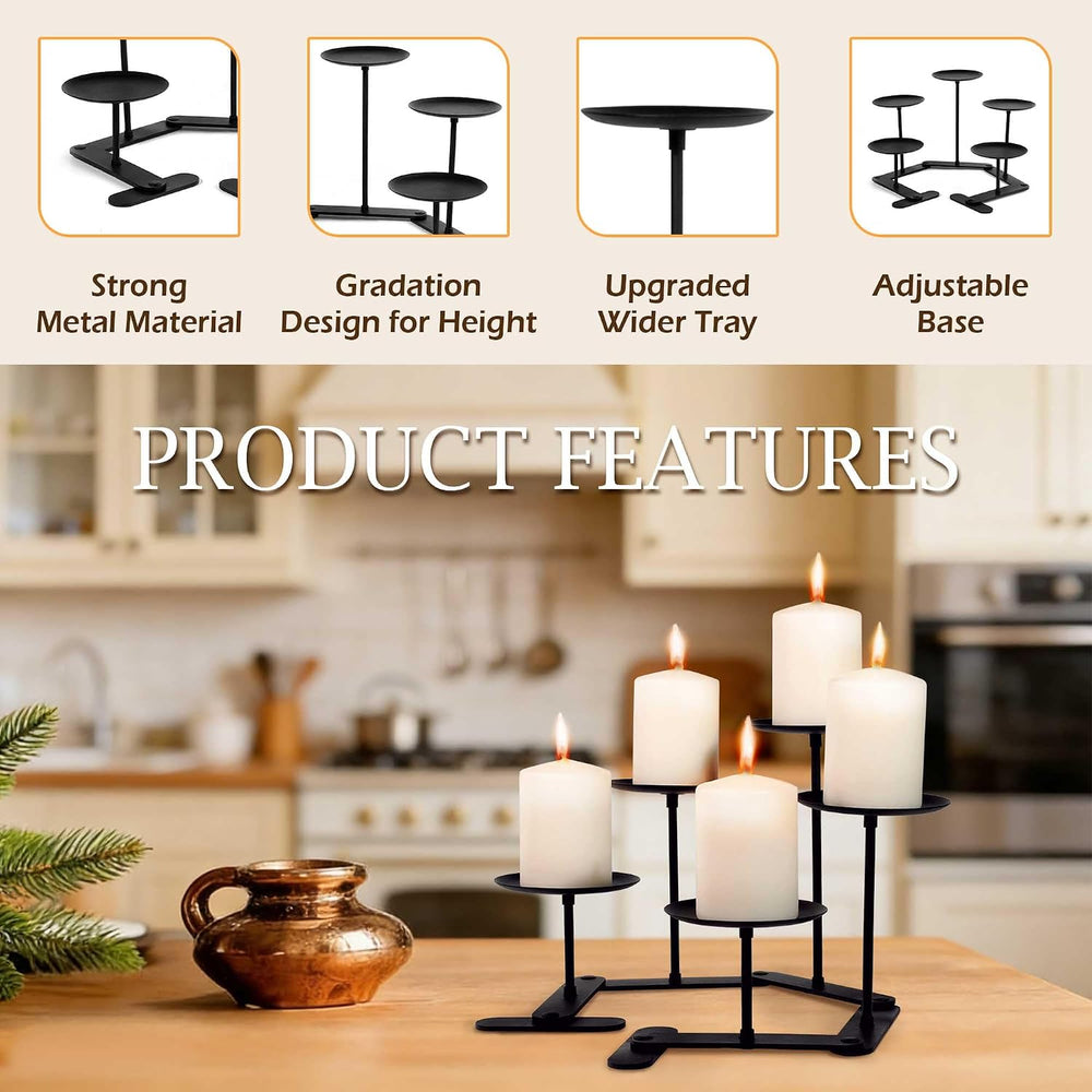 Adjustable 5-Pillar Metal Candelabra, Matte Black Candle Holder