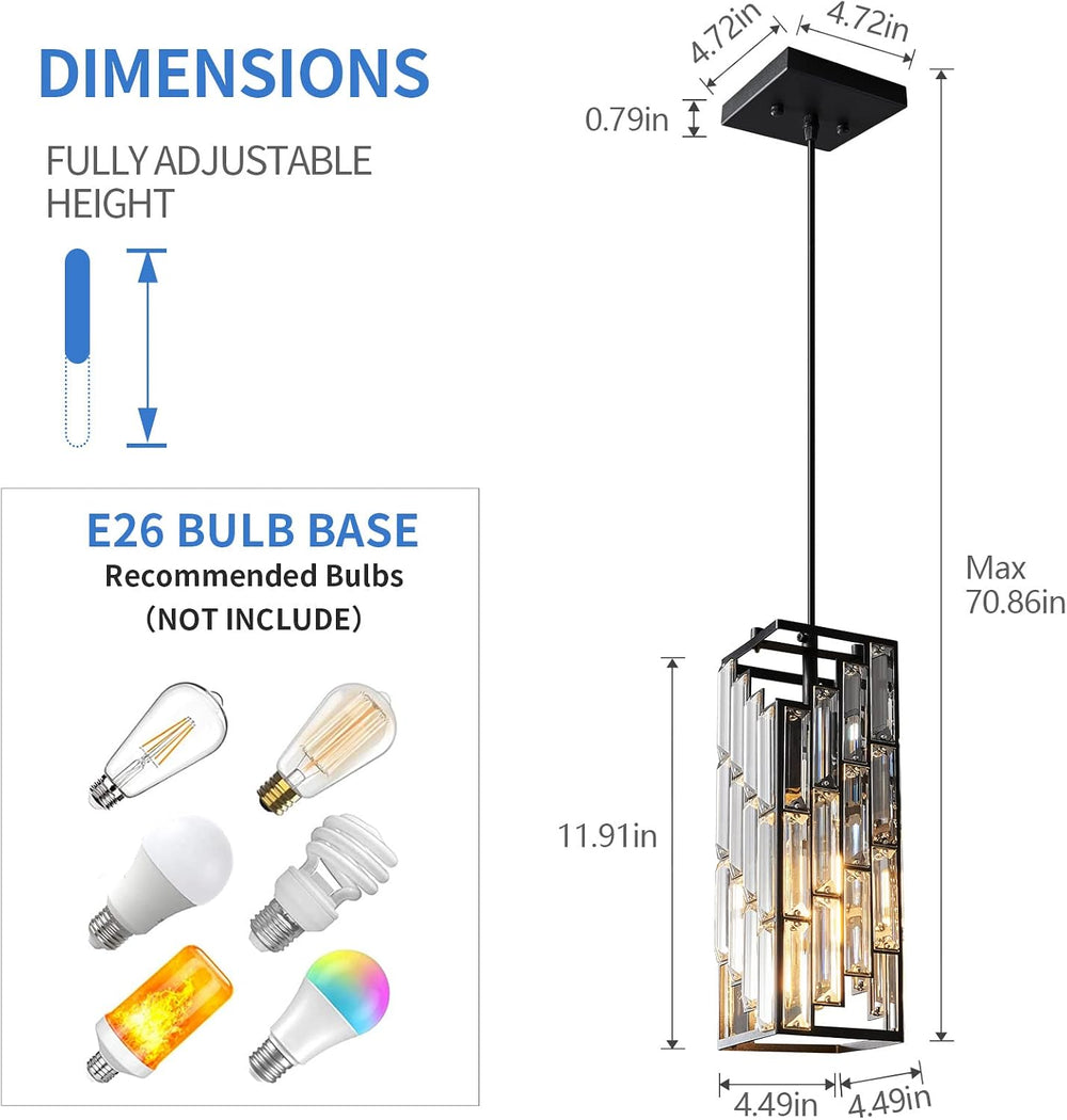 Black Crystal Pendant Lights Kitchen Island, 3 Pack Adjustable Light