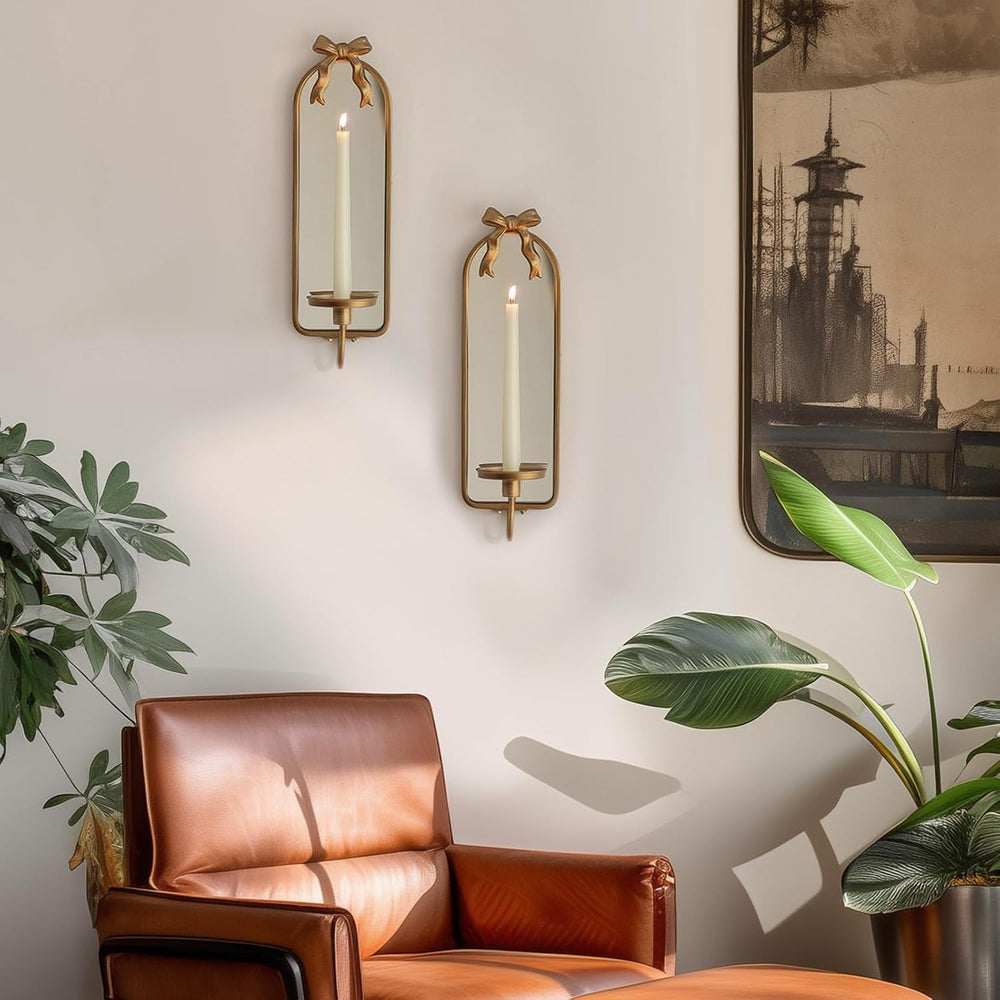 Gold Mirrored Candle Sconces Set of 2 with Arch Metal Frame