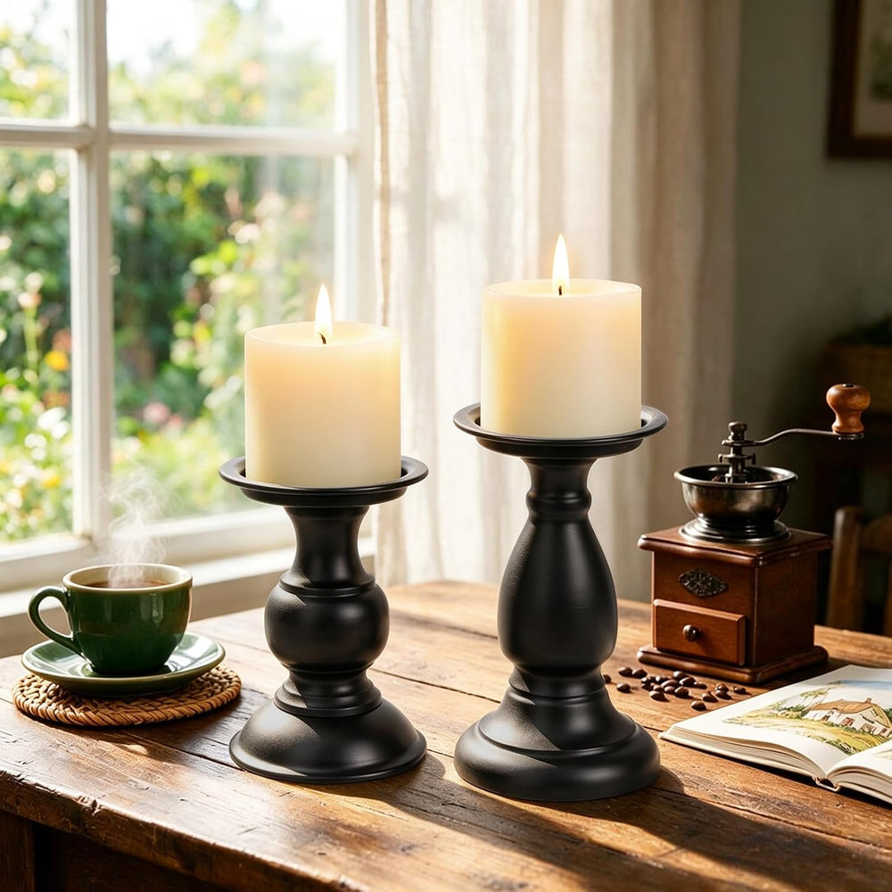Vintage Metal Pillar Candle Holders Set of 2,Heavy Candle Stands Black