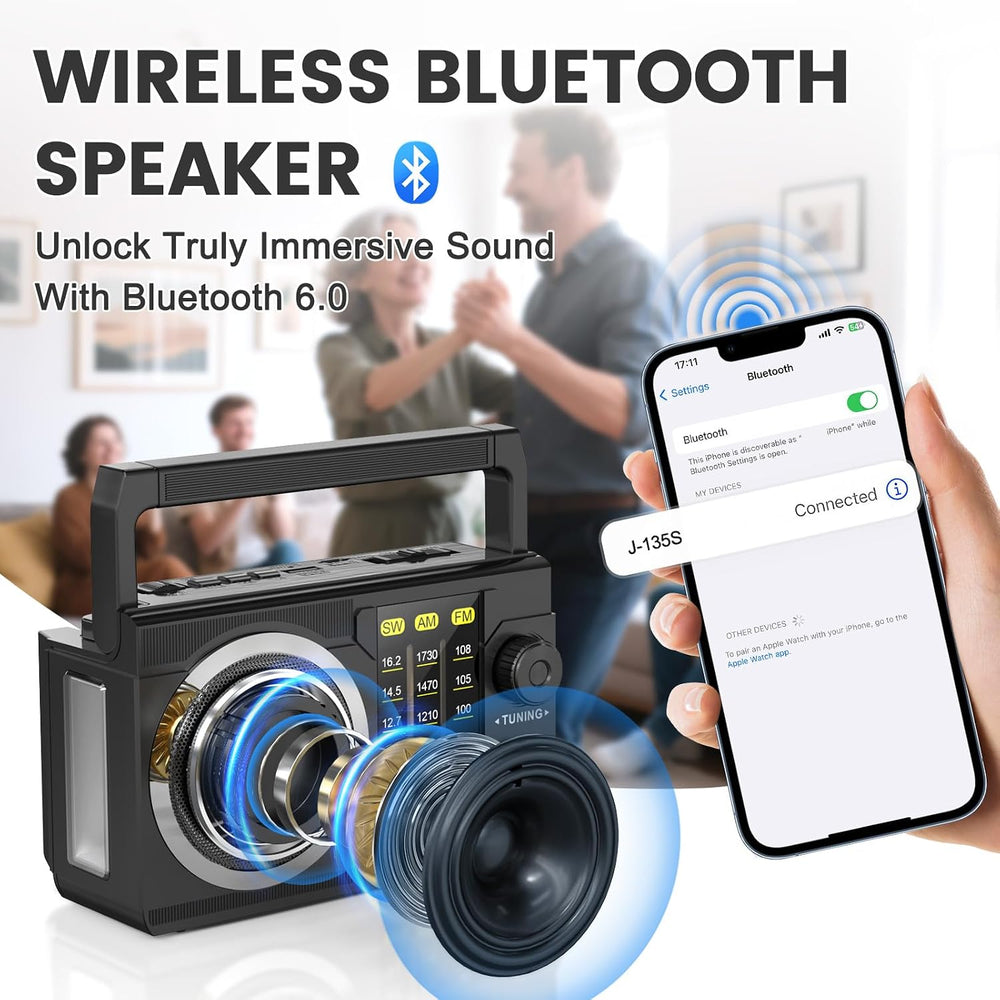 PRUNUS J-135 AM FM Radio Portable Bluetooth,Solar/AA Battery Operated