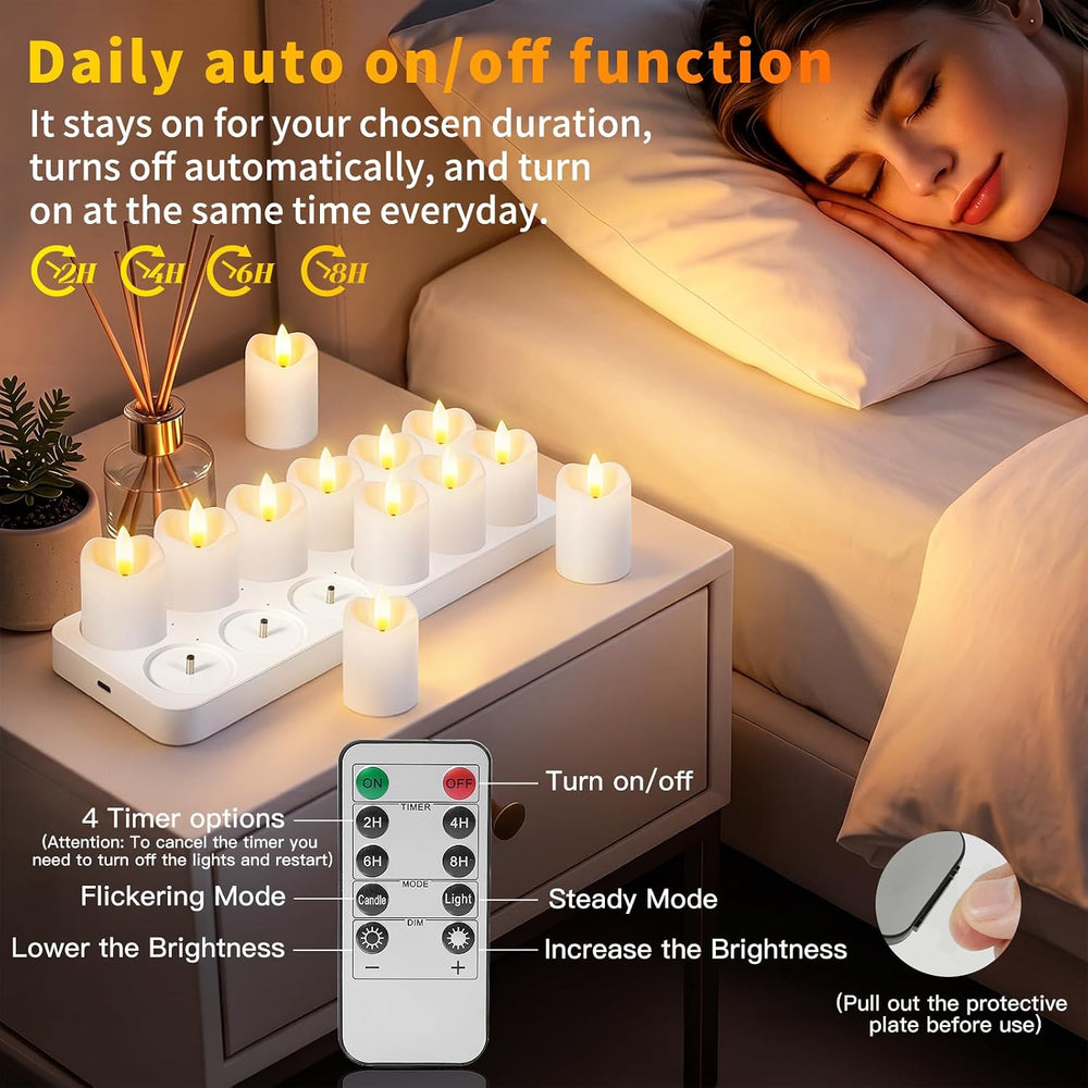 Kimjo Rechargeable Flickering Tea Lights with Remote Timer, 12 Pack