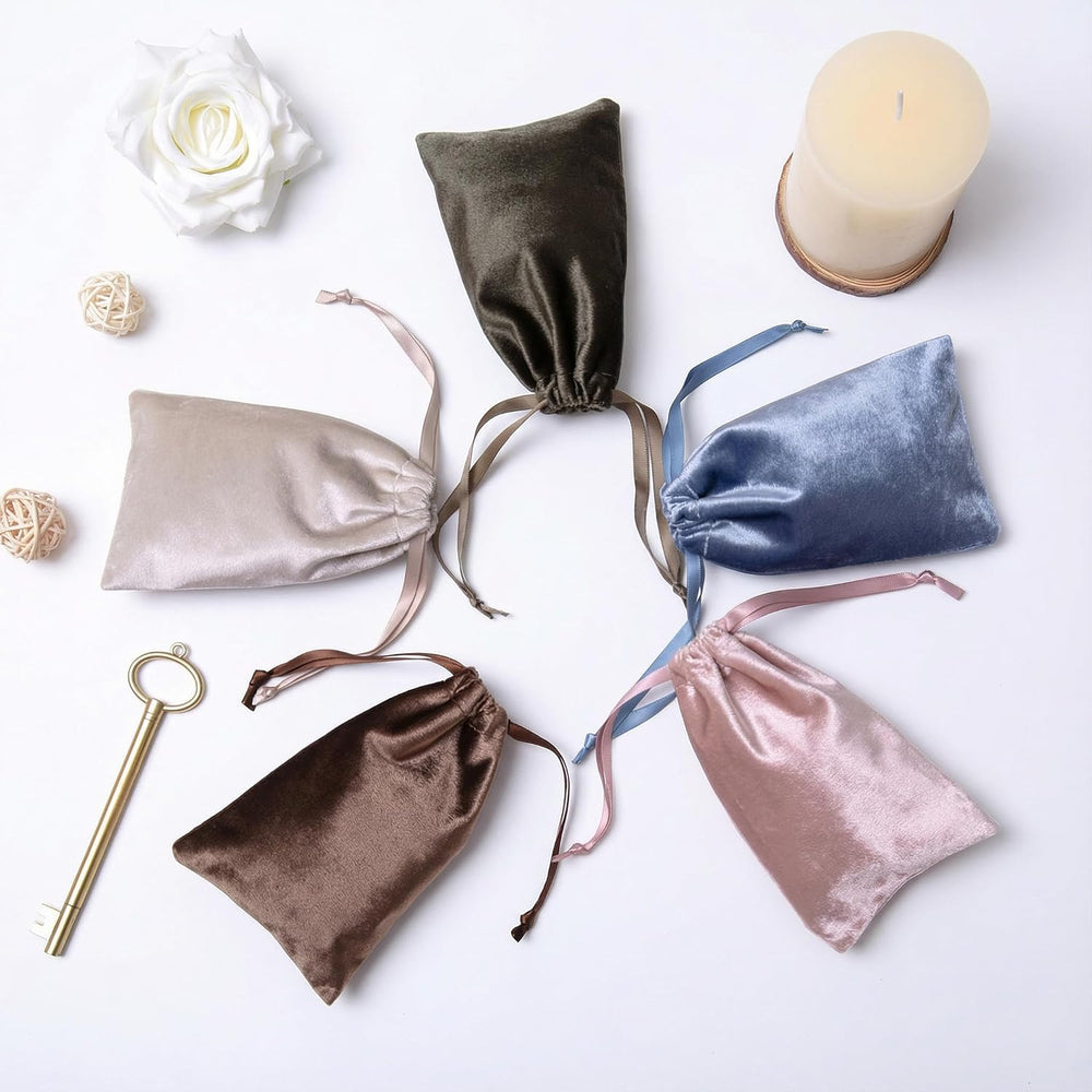 QIANF 12pcs Light Champagne Velvet Drawstring Bags 4x6 inches Glossy Small Ve...