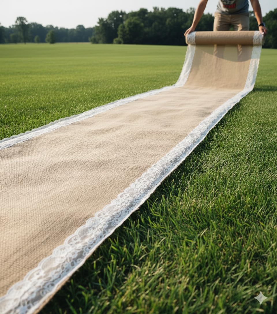 Premium Burlap Outdoor Wedding Aisle Runner with 5" Wide Ivory Lace Atta...