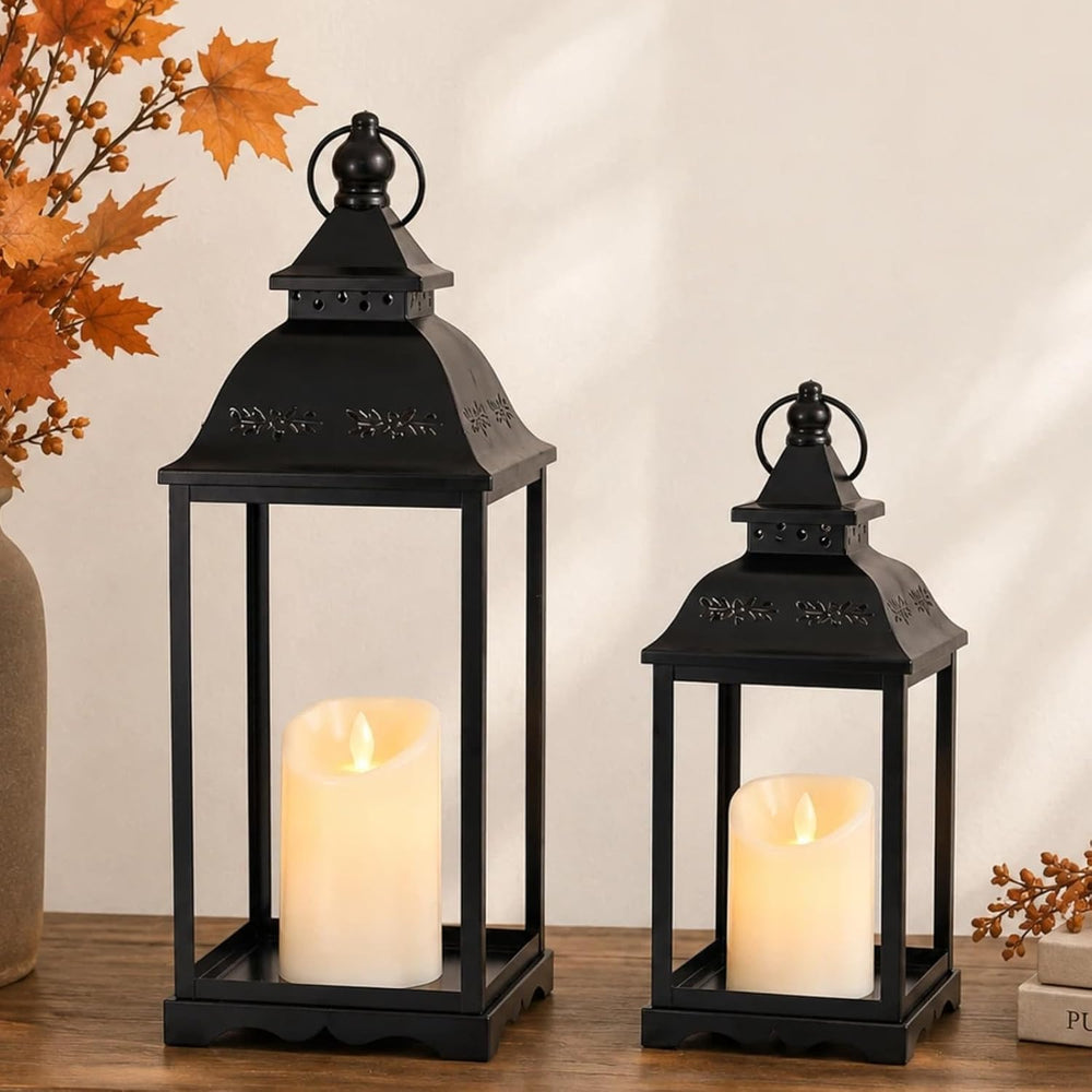 Decorative Metal Lanterns Outdoor Indoor, Set of 2 Black Candle Lanterns