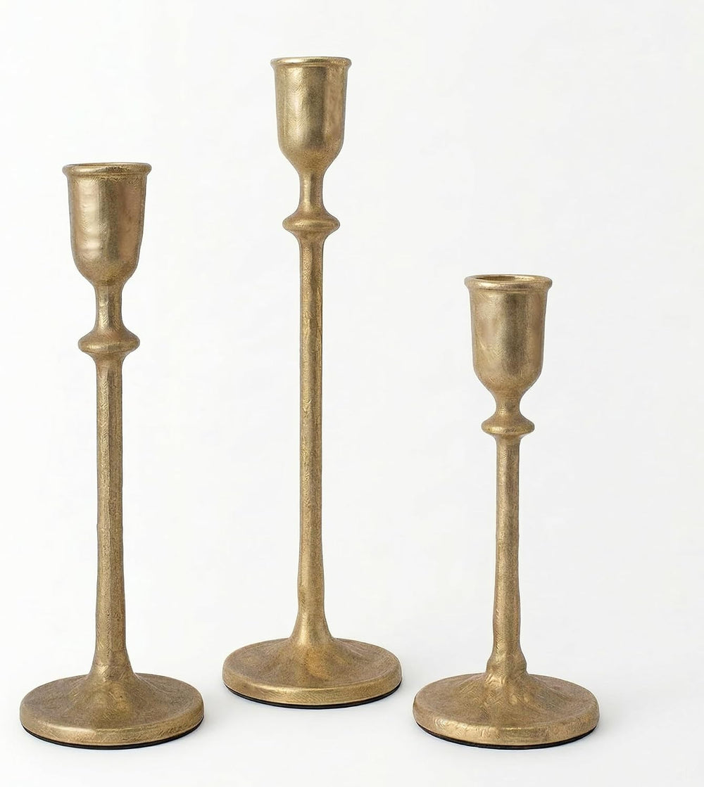 Antique Brass Gold Candlestick Holders Set of 3, Iron Taper Candle Holder