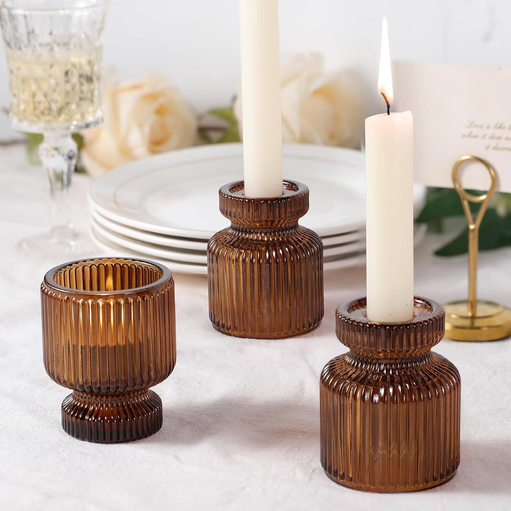 12 Pcs Glass Candlestick Holders- Amber Taper Candlestick Holders Tealight Vo...