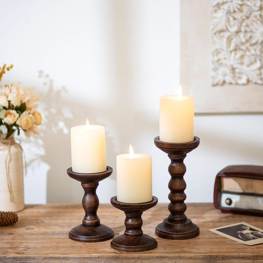 Romadedi Wood Candle Holders for Pillar, Dark Brown, Set of 3