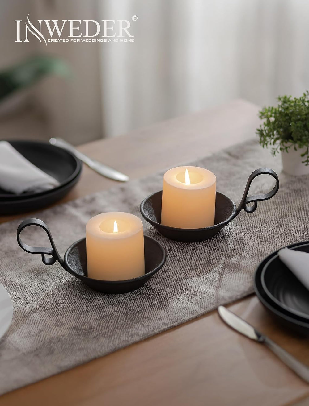 Iron Pillar Candle Holder: Vintage Black Candle Plate with Handle