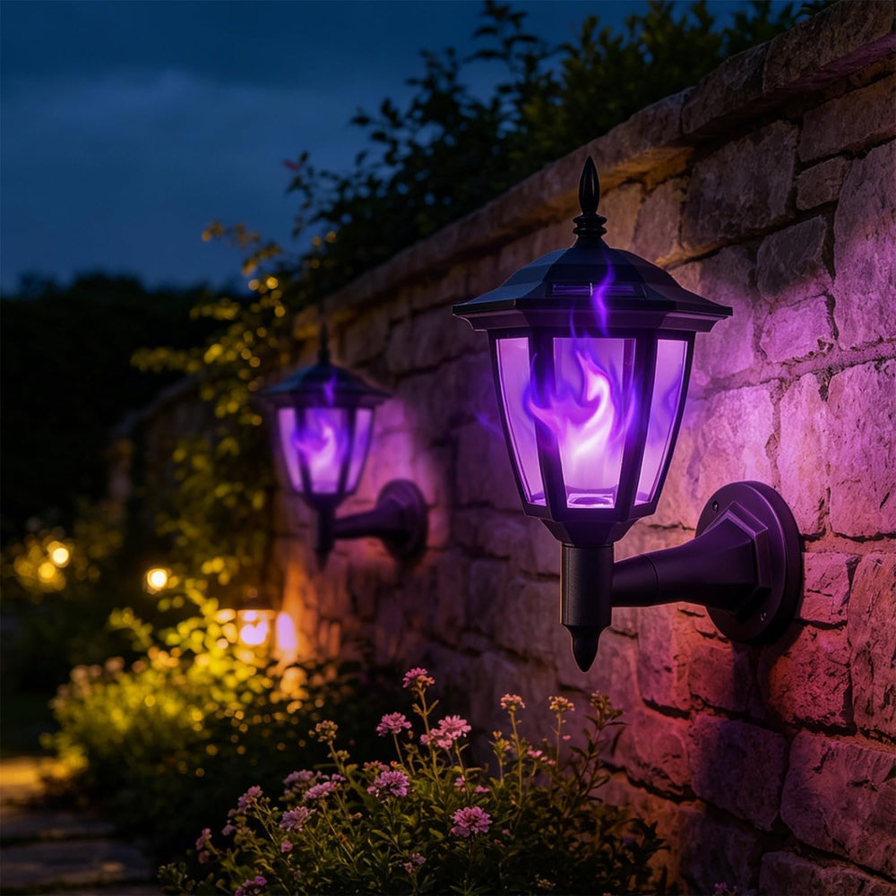 4 Pack Solar Flame Wall Lanterns Outdoor, Halloween Solar Powered Wall Mounte...