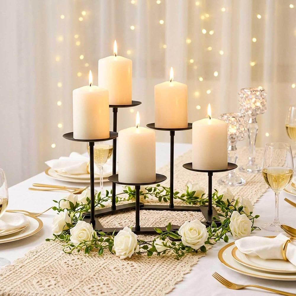 Adjustable 5-Pillar Metal Candelabra, Matte Black Candle Holder