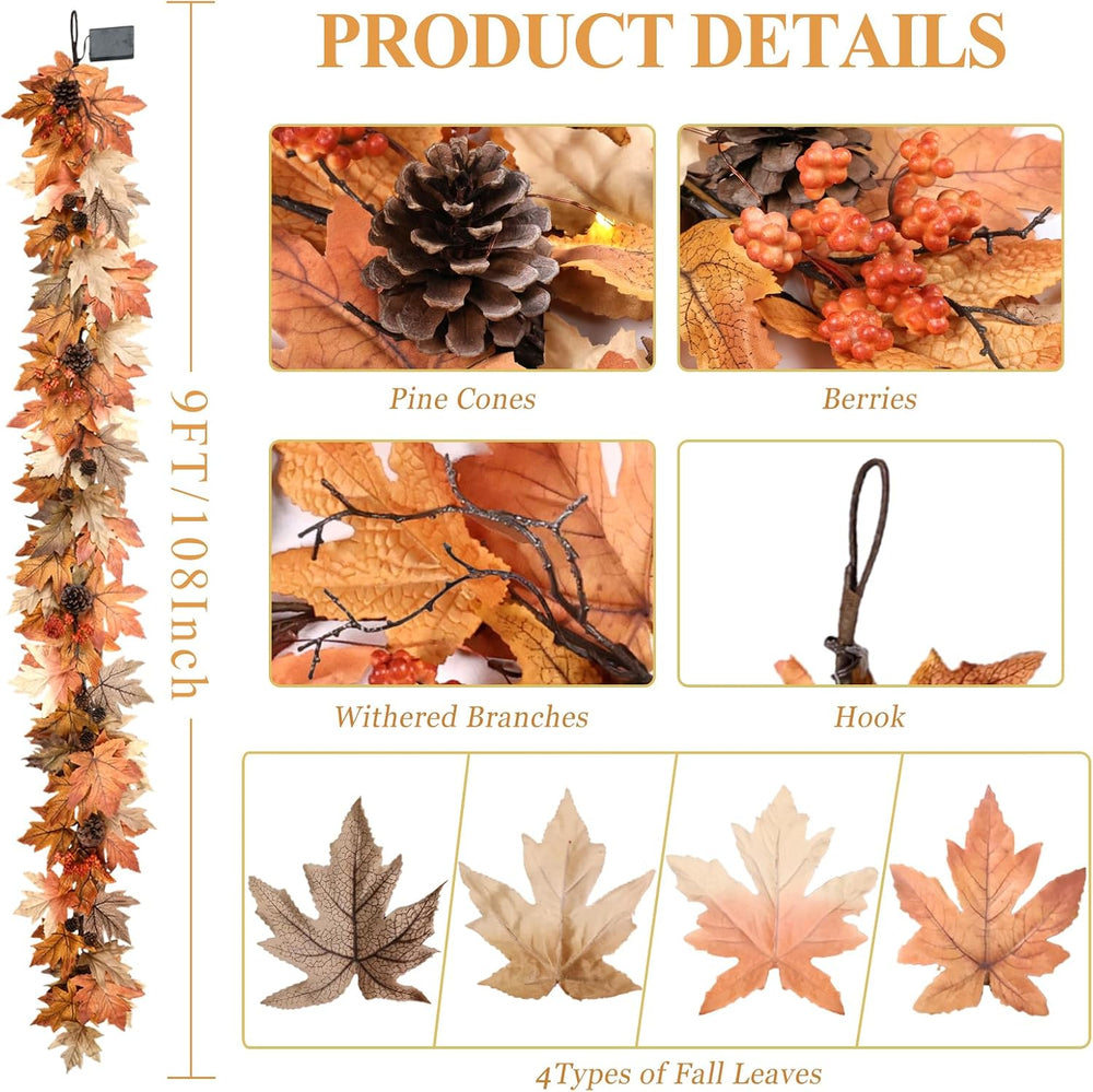 9 FT Lighted Fall Garland with Lights Autumn Automatic ON/Off Timer