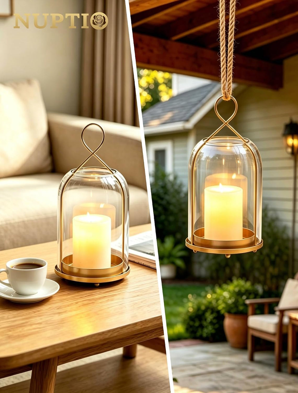 NUPTIO Glass Lanterns Decorative Outdoor, Gold Hurricane Candle Holders