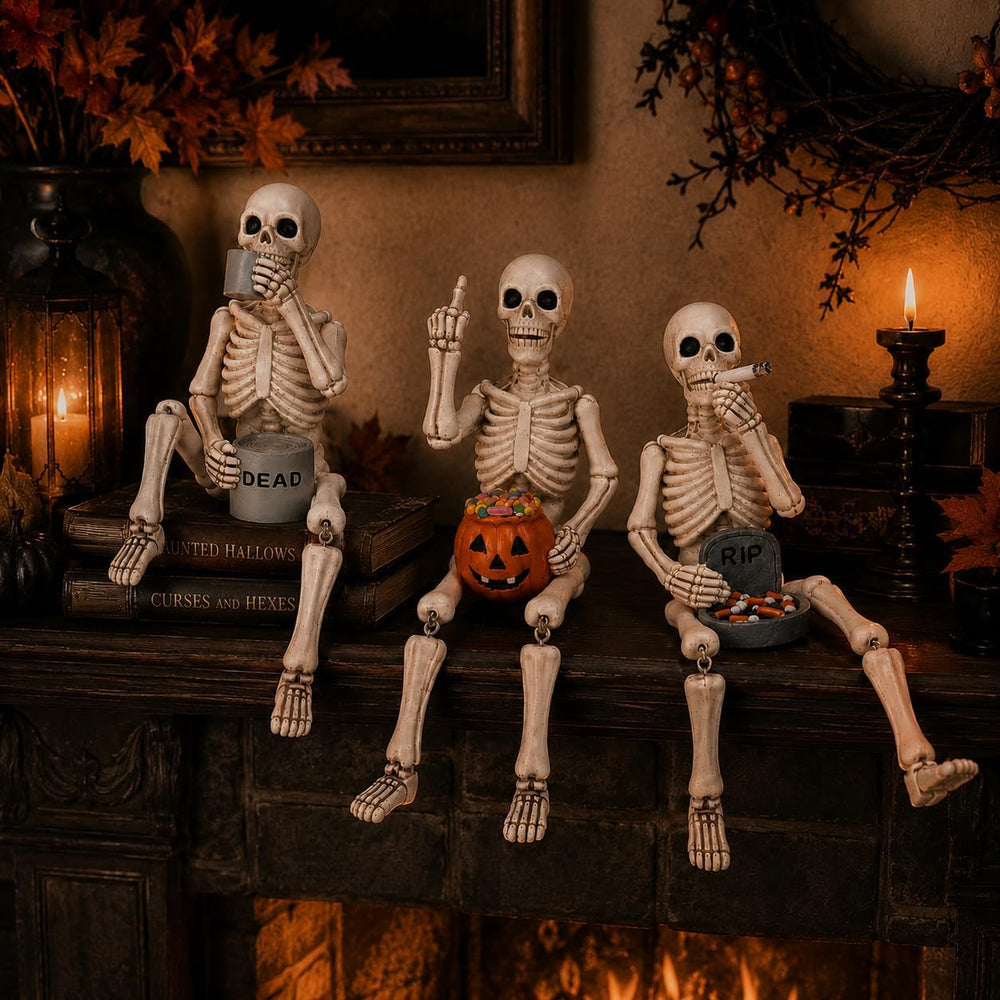 Halloween Skeleton Statues, Set of 3 Funny Skeleton Shelf Sitters