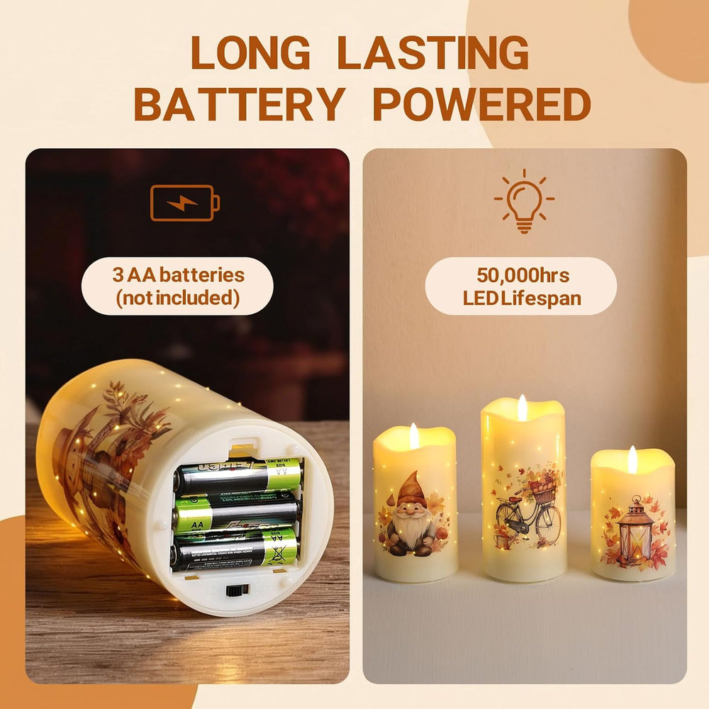 Fall Fiber Optic Flameless Pillar Candles with Remote Set of 3