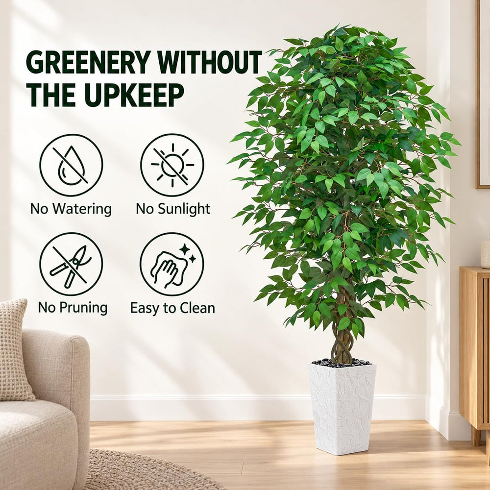 Artificial Ficus Tree 6FT, Large Fake Tree for Home Decor (White Planter)