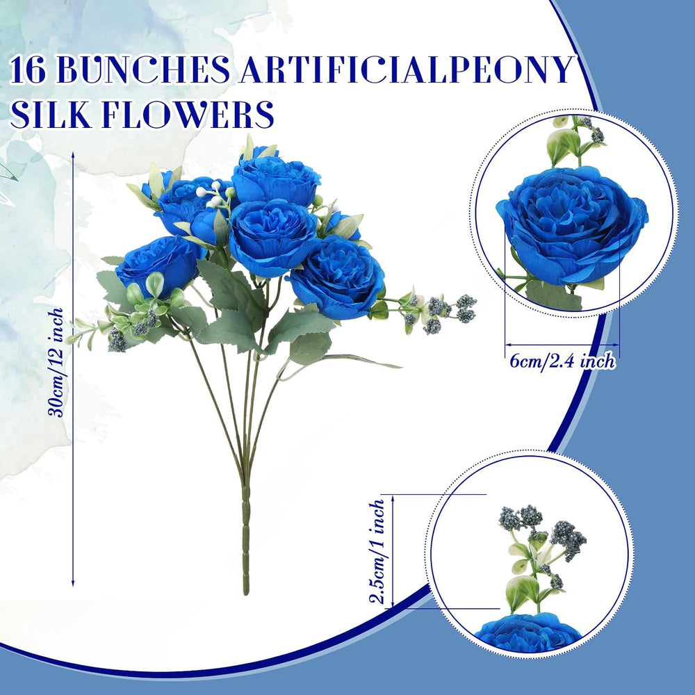 8 Bundles Artificial Peonies Flowers,Royal Blue, White