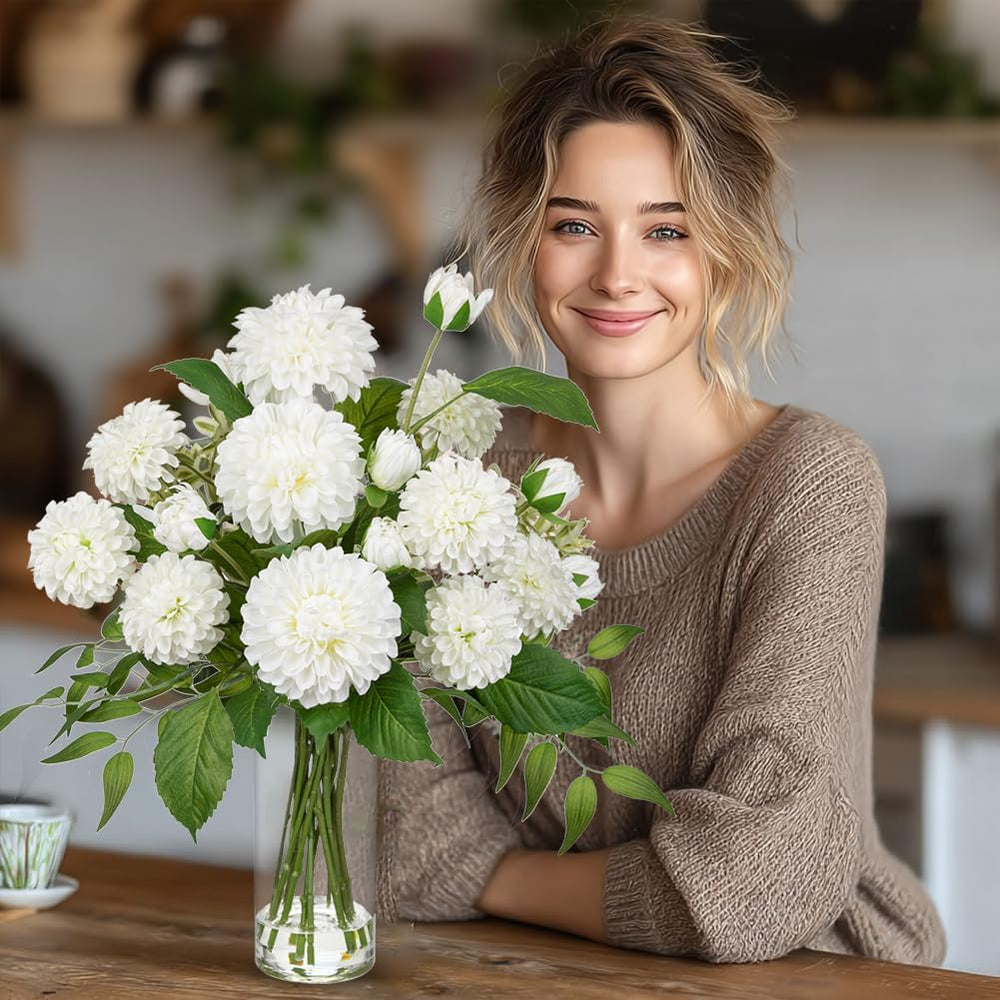 Hollyone White Fake Flowers in Vase Dahlia Artificial Flowers in Glass Vase w...