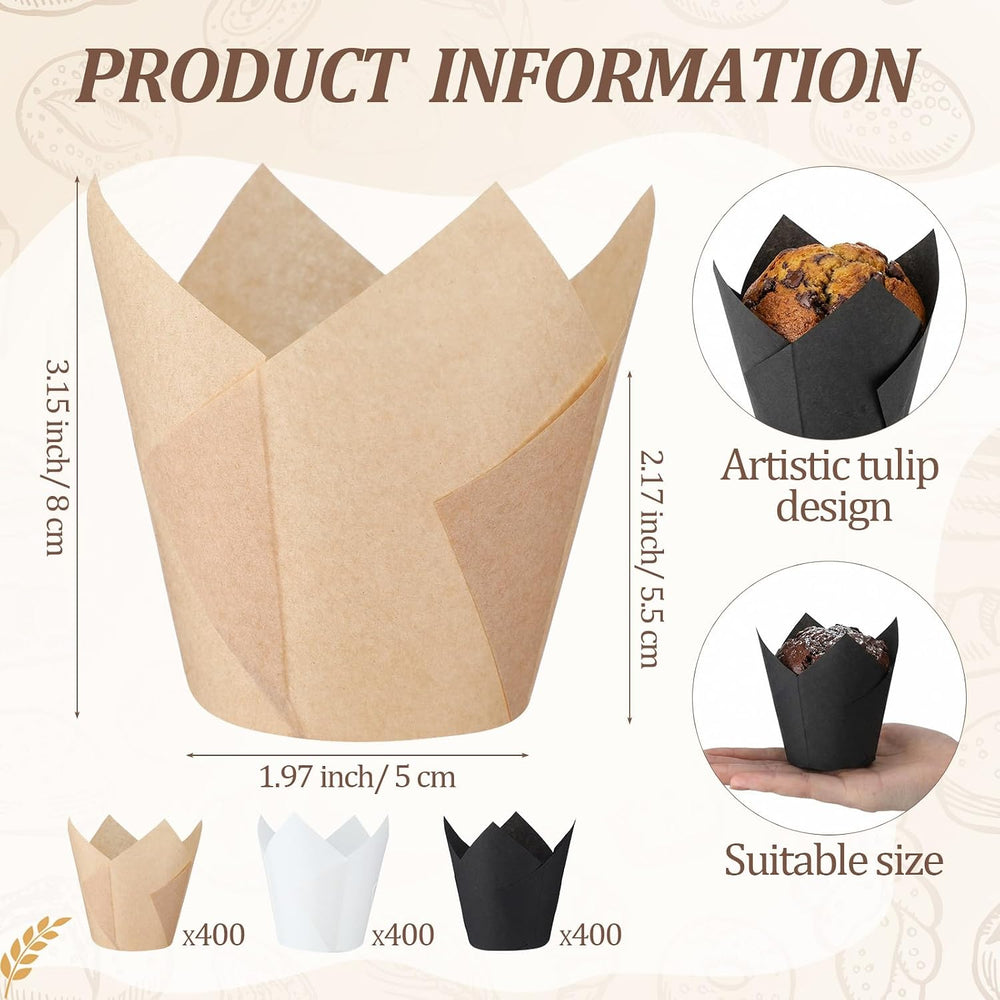 1200 Pcs Tulip Cupcake Liners Bulk, Black, White, Brown, Classic