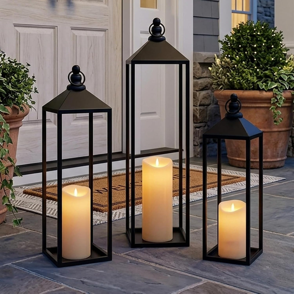 Black Floor Lanterns for Outdoor Indoor, Tall Metal Candle Lantern Set of 3