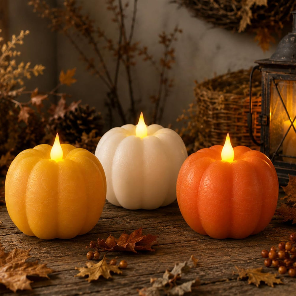 3 Pack Flameless Pumpkin Candles Real Wax Flickering LED Remote Timer