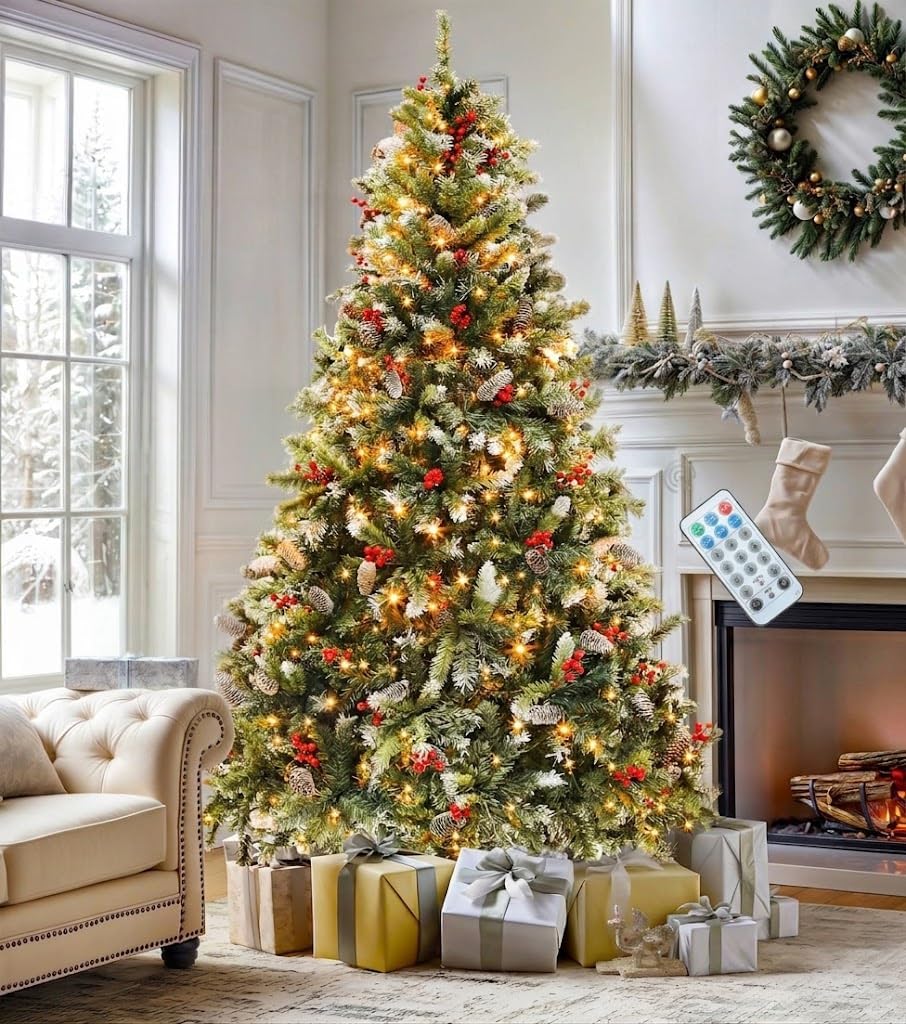 DWVO 6ft Pre-Lit Christmas Tree Pine Cones Red Berries 250 Dual Color LED