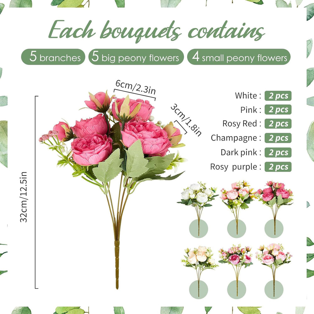 Jexine Artificial Peonies Flowers, Colorful, 12 Bundles