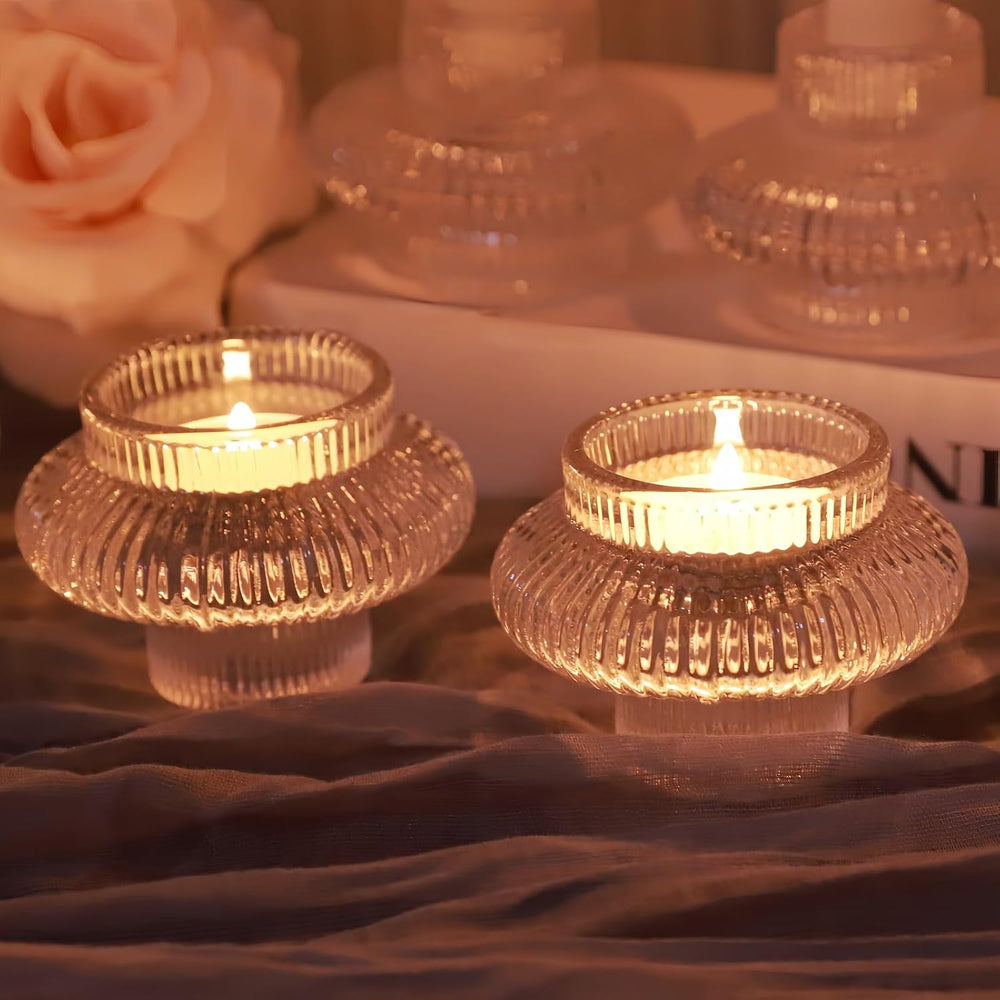 VOHO 12pcs Taper Candle Holders Ribbed Glass, Clear Candle Holder Stackable