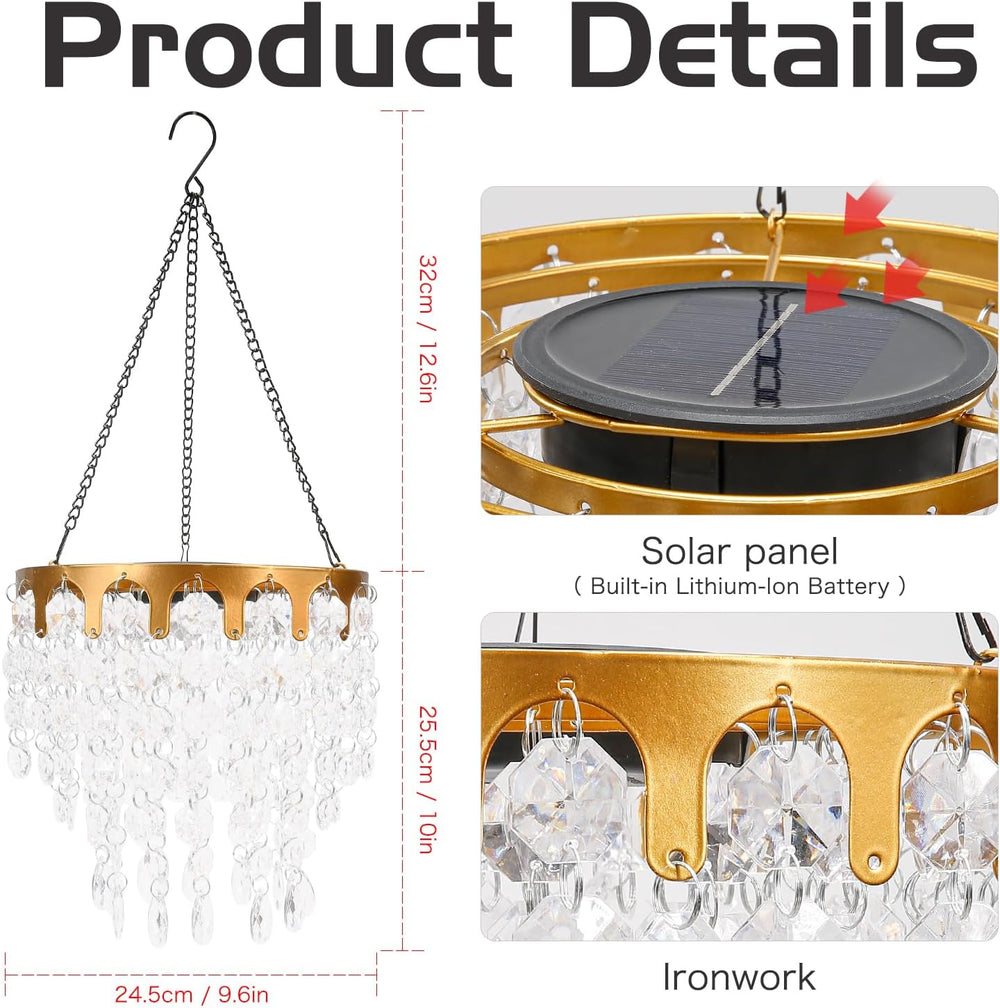 Solar Powered Hanging Chandelier Gold Metal Frame Acrylic Crystal LED Light