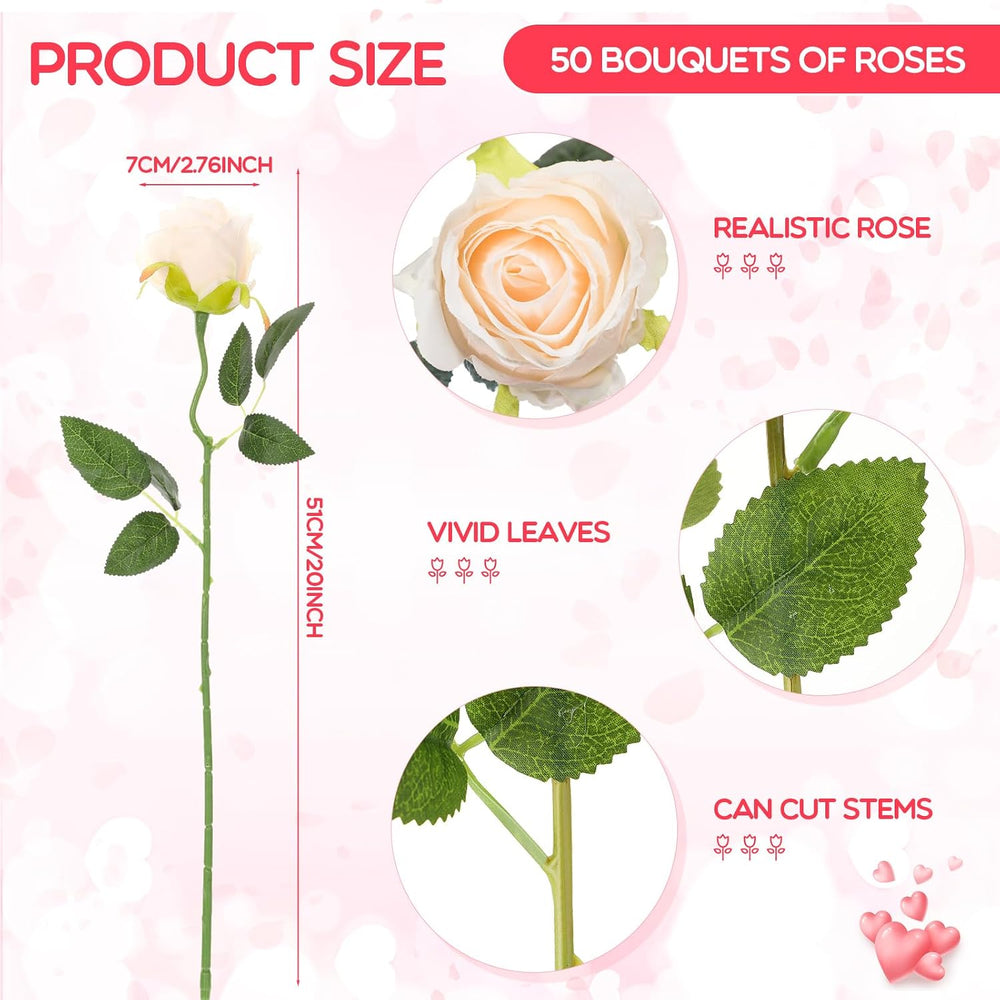 Jexine 50 Pcs Artificial Silk Roses Bulk with Long Stem,Beige Champagne