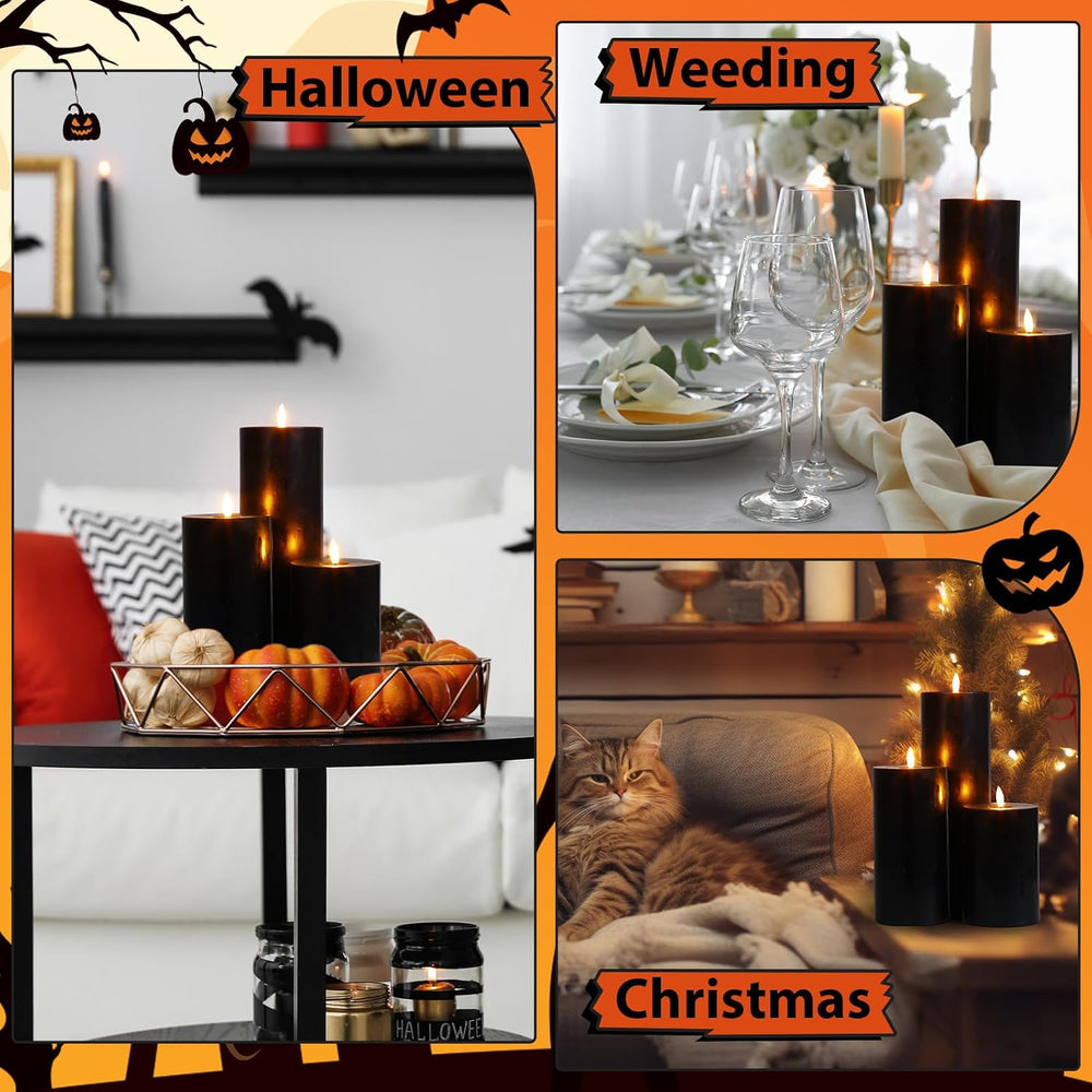 3 Pcs 6/8/12" Halloween Black Flameless LED Candle Decor for Home
