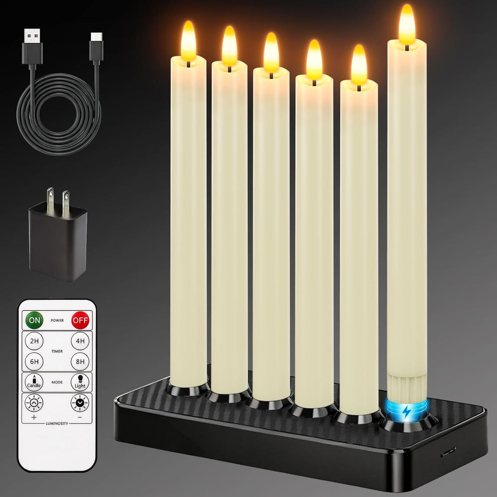 Rechargeable Flameless Taper Candles with Charging Base, (6 Pack Ivory)