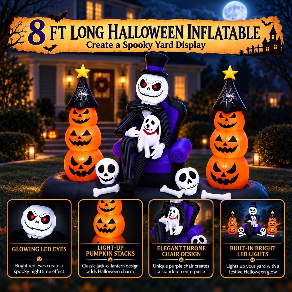 8FT Halloween Inflatables Outdoor Decorations, LED Lighted Inflatable Skeleto...