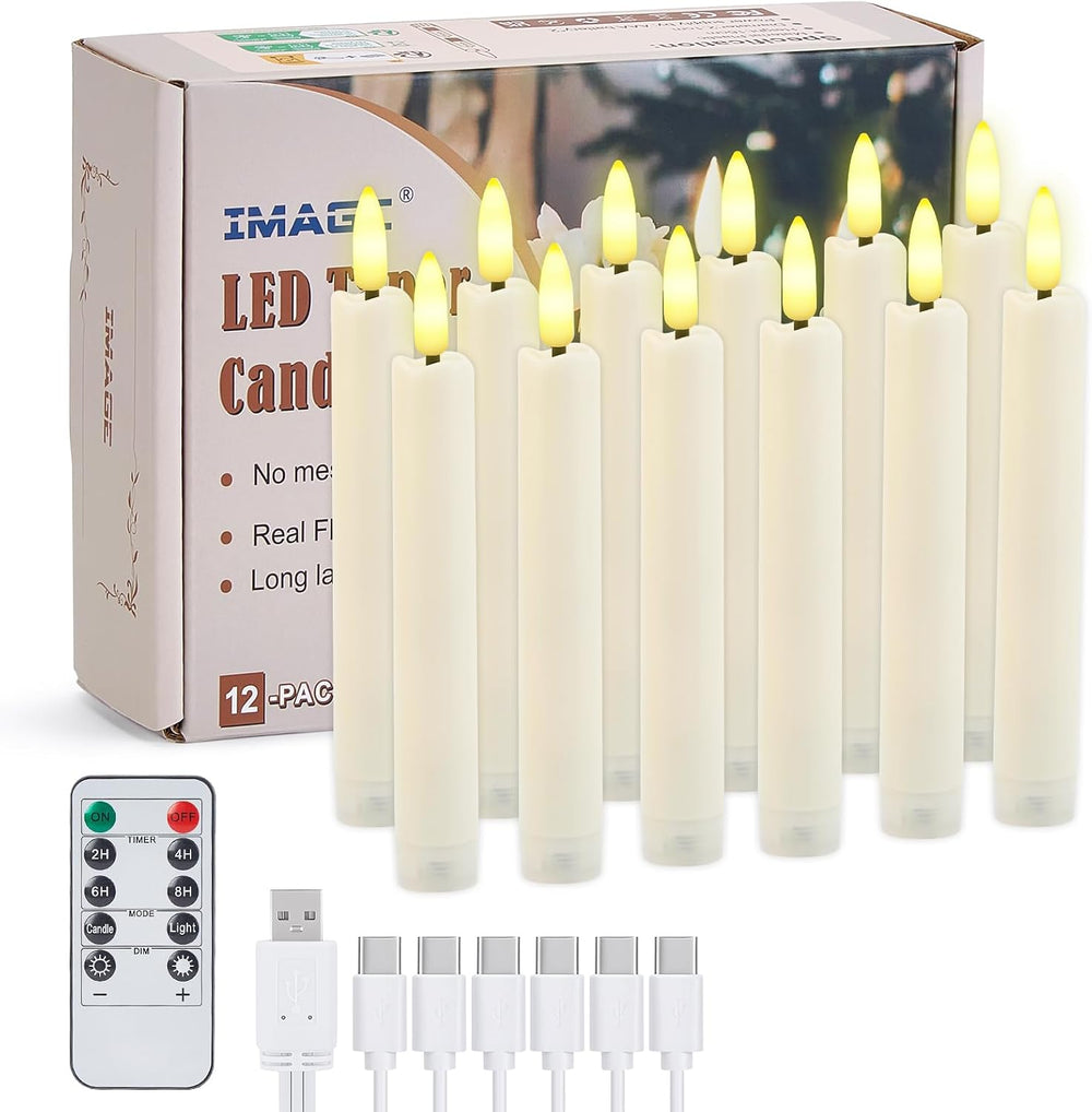 IMAGE 12 Pcs Rechargeable Flameless Taper Candles with Remote, 3D Wick Ivory ...