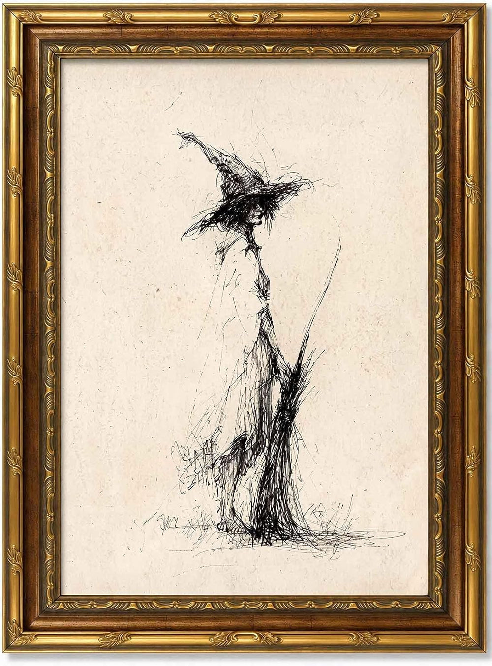 Vintage Witch Canvas Wall Art, Gold Framed Gothic Sketch Print