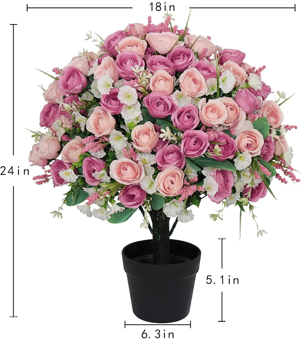 24" Artificial Potted Flowers for Outdoors, Silk Rose Faux Plants