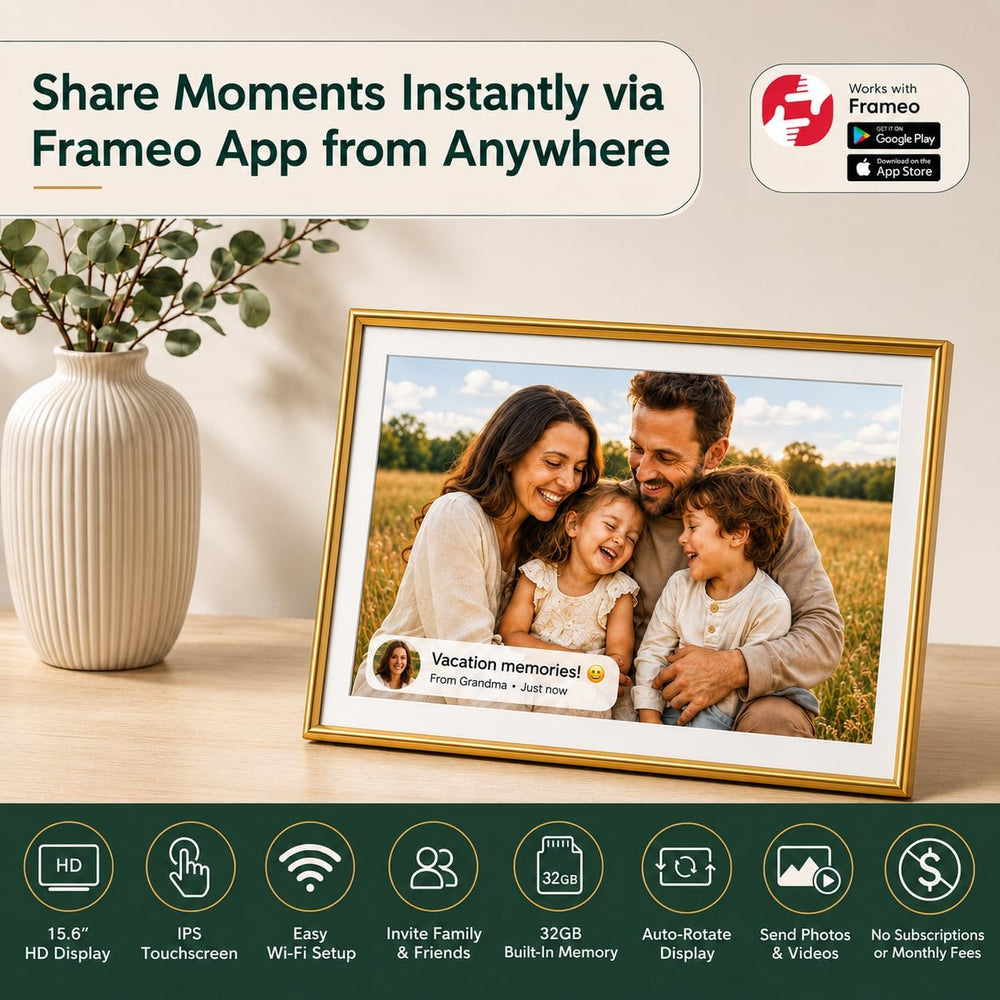 ELIME 15.6" Frameo Digital Picture Frame WiFi 32GB, Touchscreen, Gold