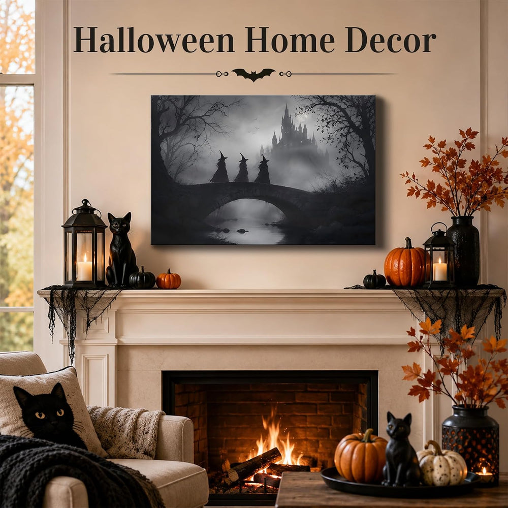 Framed Halloween Witch Canvas Wall Art, Black White Haunted Mansion Bridge Sc...