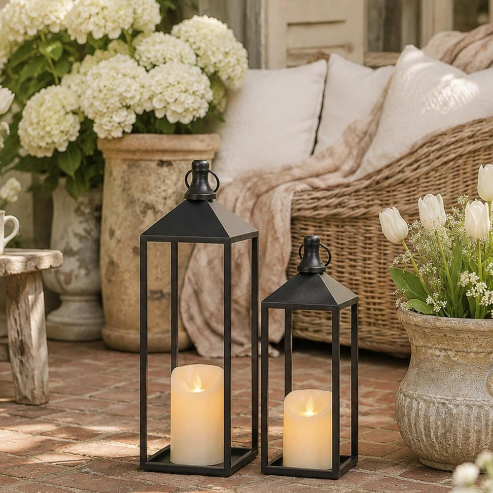 Lanterns Decorative Outdoor Indoor, 17" 13" Set of 2 Black Candle L...